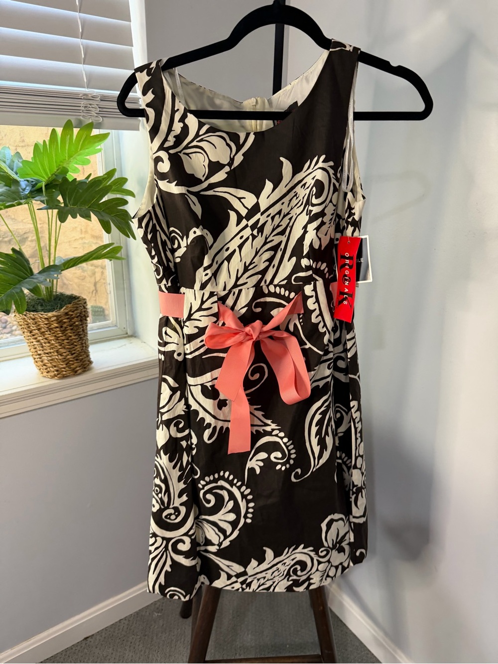 Black and White Floral Midi Dress with Pink Sash